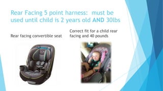 Rear Facing 5 point harness: must be
used until child is 2 years old AND 30lbs
Rear facing convertible seat
Correct fit for a child rear
facing and 40 pounds
 