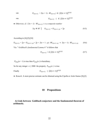 22
⟹ �2(�+1) = 2(n + 1) - �2(�+1)< K . [2(� + 1)]0.525
⟹ �2(�+1) ≤ K . [2(� + 1)]0.525
● Otherwise, if ( 2(n + 1) - �2(�+1) ) is a composite number
∃ p ∈ ℕ∗
│ �2(�+1) = �2(�+1−�) + 2p (9.5)
According to [4],[5],[24]
�2(�+1) = 2p + �2(�+1−�)= 2p + 2(n + 1 - p) - �2(�+1−�) = 2(n + 1) - �2(�+1−�) (9.6)
Via " Goldbach's fundamental Lemma 6 " it follows that
�2(�+1) < K. [2(� + 1)]0.525
(9.7)
��ℎ��(n + 1) is true then ��ℎ��(n ) is hereditary.
So for any integer n ≥ 2000 the property ��ℎ��(n ) is true.
Finally �2(�+1) ≤ [2(� + 1)]0.525
● Remark. A more precise estimate can be obtained using the Cipolla or Axler frames [8],[2].
10 Propositions
A) Link between Goldbach conjecture and the fundamental theorem of
arithmetic.
 