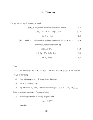 28
11 Theorem
For any integer n ≥ 3 it is easy to check
( �2� ) is a positive increasing sequence of primes (11.1)
{ �2� : n ∈ IN + 3 } ∪ { 2 } = � (11.2)
lim �2� = +∞ (11.3)
( �2� ) and ( �2� ) are sequences of primes and the set { �2� : k ≤ n } (11.4)
contains all primes less than ln( n )
n ≤ �2� ≤ �2� (11.5)
3 ≤ 2� − �2� ≤ �2� ≤ n (11.6)
lim �2� = +oo (11.7)
Proof.
(11.1) : For any integer n ≥ 2 �� ⊂ ��+1 .Therefore, �2� ≤ �2(�+1). So the sequence
( �2� ) is increasing.
(11.2) : Any prime except �1 = 2 is odd, hence the result.
(11.3) : lim �2� = lim �� = +oo
(11.4) : By definition �2� = �2� or there exits an integer k ≤ n - 2 │ �2� = �2(�−�) .
So the terms of the sequence ( �2�)) are primes.
(11.5) : According to Lemma 9, for any integer n ≥ 65
�2� < (2�)0.525
therefore
 