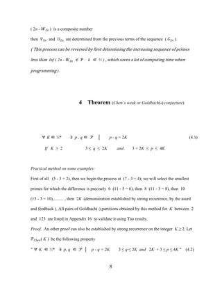 8
( 2n - �2� ) is a composite number
then �2� and �2� are determined from the previous terms of the sequence ( �2� ).
( This process can be reversed by first determining the increasing sequence of primes
less than Inf ( 2n - �2� ∈ � : k ∈ ℕ ) , which saves a lot of computing time when
programming ).
4 Theorem (Chen’s weak or Goldbach(-) conjecture)
∀ K ∈ ℕ* ∃ p , q ∈ � │ p - q = 2K (4.1)
If K ≥ 2 3 ≤ q ≤ 2K and 3 + 2K ≤ p ≤ 4K
Practical method on some examples:
First of all (5 - 3 = 2), then we begin the process at (7 - 3 = 4); we will select the smallest
primes for which the difference is precisely 6 (11 - 5 = 6), then 8 (11 - 3 = 8), then 10
(13 - 3 = 10),......... , then 2K (demonstration established by strong recurrence, by the asurd
and feedback ). All pairs of Goldbach(-) partitions obtained by this method for K between 2
and 123 are listed in Appendix 16 to validate it using Tao results.
Proof. An other proof can also be established by strong recurrence on the integer K ≥ 2. Let
��ℎ��( K ) be the following property
" ∀ K ∈ ℕ* ∃ p, q ∈ � │ p - q = 2K 3 ≤ q ≤ 2K and 2K + 3 ≤ p ≤ 4K " (4.2)
 