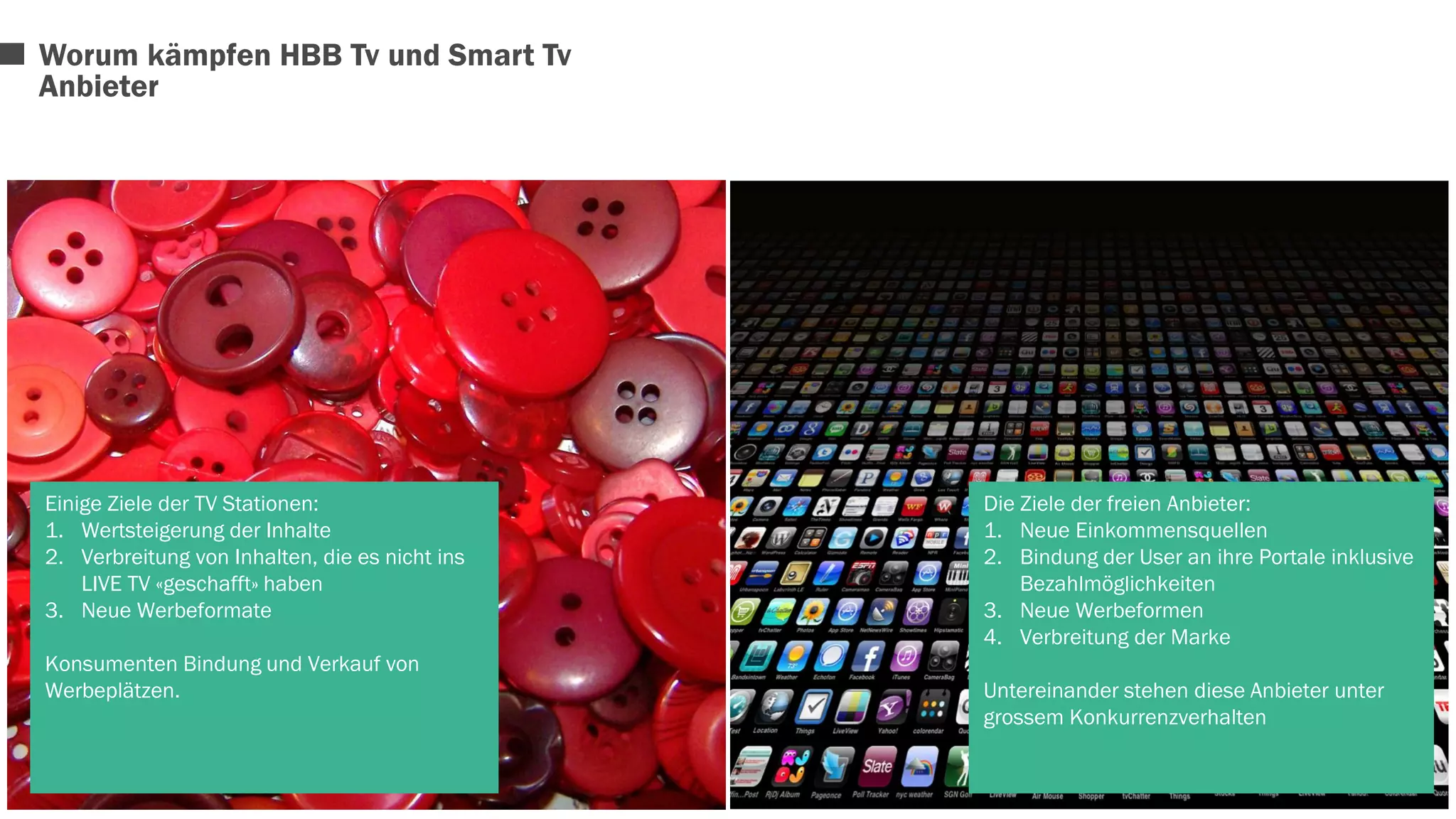 Die Ziele der freien Anbieter: 
1. Neue Einkommensquellen 
2. Bindung der User an ihre Portale inklusive 
Bezahlmöglichkeiten 
3. Neue Werbeformen 
4. Verbreitung der Marke 
Untereinander stehen diese Anbieter unter 
grossem Konkurrenzverhalten 
Worum kämpfen HBB Tv und Smart Tv 
Anbieter 
Einige Ziele der TV Stationen: 
1. Wertsteigerung der Inhalte 
2. Verbreitung von Inhalten, die es nicht ins 
LIVE TV «geschafft» haben 
3. Neue Werbeformate 
Konsumenten Bindung und Verkauf von 
Werbeplätzen. 
 