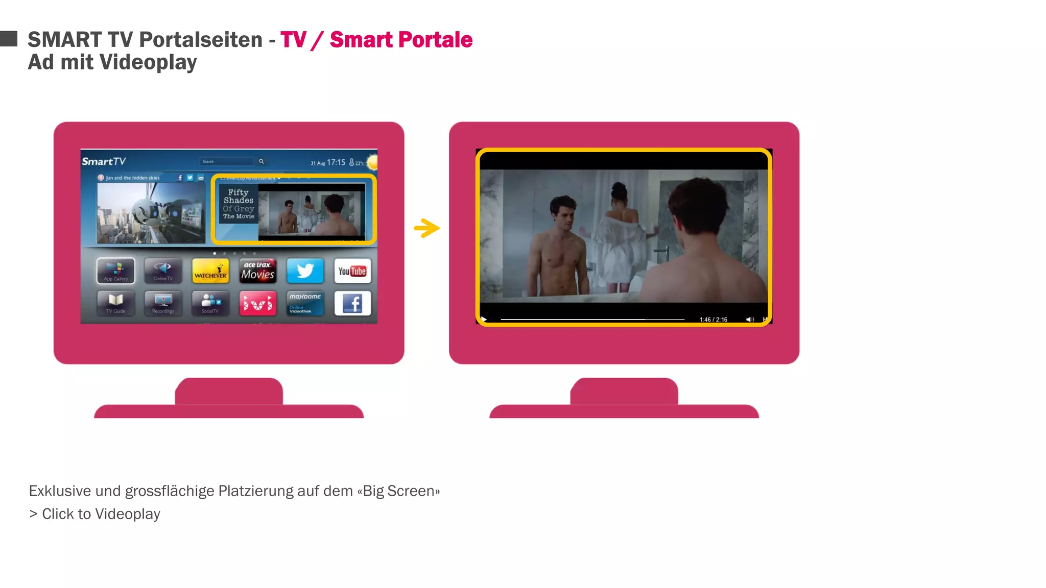 SMART TV Portalseiten - TV / Smart Portale 
Ad mit Videoplay 
Exklusive und grossflächige Platzierung auf dem «Big Screen» 
> Click to Videoplay 
 