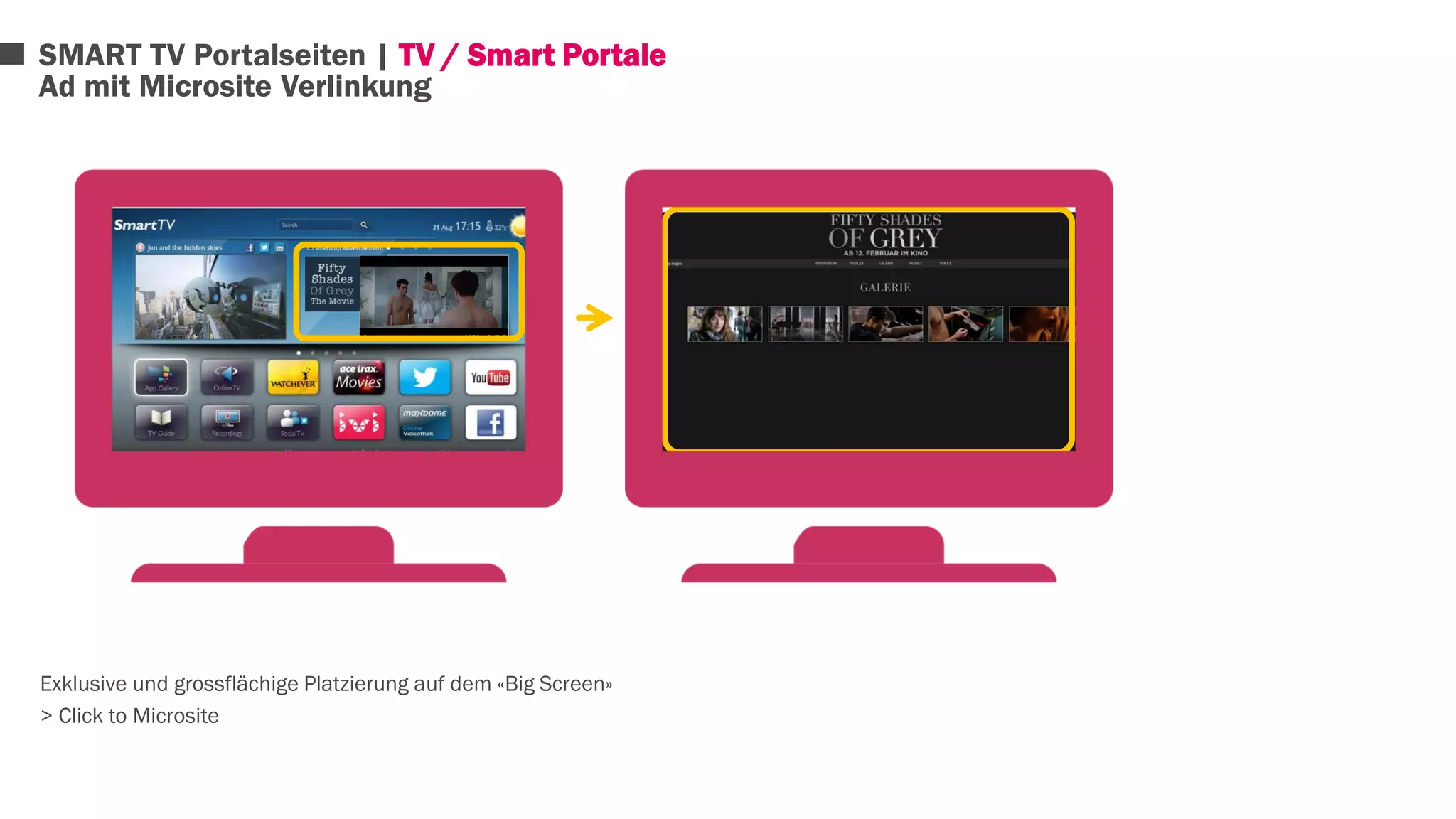 SMART TV Portalseiten | TV / Smart Portale 
Ad mit Microsite Verlinkung 
Exklusive und grossflächige Platzierung auf dem «Big Screen» 
> Click to Microsite 
 