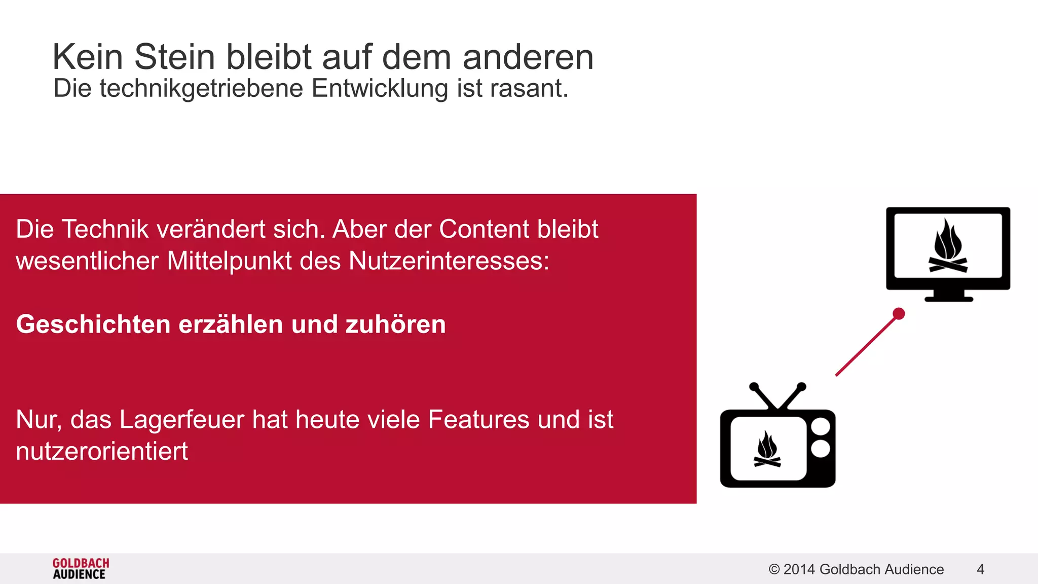 Kein Stein bleibt auf dem anderen 
Die technikgetriebene Entwicklung ist rasant. 
© 2014 Goldbach Audience 4 
Die Technik verändert sich. Aber der Content bleibt 
wesentlicher Mittelpunkt des Nutzerinteresses: 
Geschichten erzählen und zuhören 
Nur, das Lagerfeuer hat heute viele Features und ist 
nutzerorientiert 
 