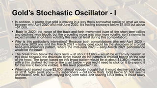 Gold’s Stochastic Oscillator - I
• In addition, it seems that gold is moving in a way that’s somewhat similar to what we saw
between mid-April 2020 and mid-June 2020. It’s trading sideways below $1,800 but above
~$1,660.
• Back in 2020, the range of the back-and-forth movement (size of the short-term rallies
and declines) was bigger, but the preceding move was also more volatile, so it’s normal to
expect smaller short-term volatility this year (at least during this consolidation).
• Why is this particularly interesting? Because both consolidations (the mid-April 2020 –
mid-June 2020 one and the March 2021 – today one) could be the shoulders of a broad
head-and-shoulders pattern, where the mid-June 2020 – early-March 2021 performance
would be the head.
• The breakdown below the neck level – at about $1,660 – would be extremely bearish in
this case because the downside target based on the pattern is created based on the size
of the head. The target based on this broad pattern would be at about $1,350 (I marked it
with a thin dashed red line on the chart below – you might need to click on it to expand it
for this line to become visible). Is this level possible? It is.
• When gold soared above $2,000, almost nobody thought that it would decline back below
its 2011 highs (well, you – my subscribers – did know that). Gold below $1,500 seems
unthinkable now, but with rallying long-term rates and soaring USD Index, it could really
happen.
 