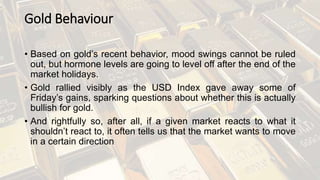 Gold Behaviour
• Based on gold’s recent behavior, mood swings cannot be ruled
out, but hormone levels are going to level off after the end of the
market holidays.
• Gold rallied visibly as the USD Index gave away some of
Friday’s gains, sparking questions about whether this is actually
bullish for gold.
• And rightfully so, after all, if a given market reacts to what it
shouldn’t react to, it often tells us that the market wants to move
in a certain direction
 