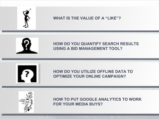 WHAT IS THE VALUE OF A “LIKE”? HOW DO YOU QUANTIFY SEARCH RESULTS USING A BID MANAGEMENT TOOL? HOW DO YOU UTILIZE OFFLINE DATA TO OPTIMIZE YOUR ONLINE CAMPAIGN? HOW TO PUT GOOGLE ANALYTICS TO WORK FOR YOUR MEDIA BUYS? 