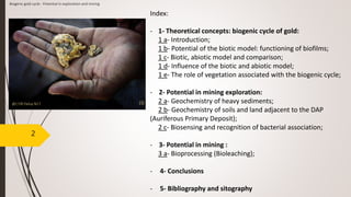 2
Index:
- 1- Theoretical concepts: biogenic cycle of gold:
1 a- Introduction;
1 b- Potential of the biotic model: functioning of biofilms;
1 c- Biotic, abiotic model and comparison;
1 d- Influence of the biotic and abiotic model;
1 e- The role of vegetation associated with the biogenic cycle;
- 2- Potential in mining exploration:
2 a- Geochemistry of heavy sediments;
2 b- Geochemistry of soils and land adjacent to the DAP
(Auriferous Primary Deposit);
2 c- Biosensing and recognition of bacterial association;
- 3- Potential in mining :
3 a- Bioprocessing (Bioleaching);
- 4- Conclusions
- 5- Bibliography and sitography
@L’OR Deluy N17 [3]
Biogenic gold cycle - Potential in exploration and mining
 