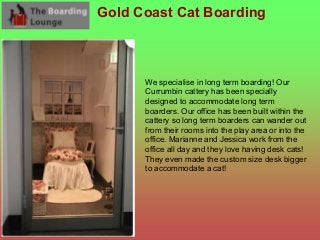 Gold Coast Cat Boarding
We specialise in long term boarding! Our
Currumbin cattery has been specially
designed to accommodate long term
boarders. Our office has been built within the
cattery so long term boarders can wander out
from their rooms into the play area or into the
office. Marianne and Jessica work from the
office all day and they love having desk cats!
They even made the custom size desk bigger
to accommodate a cat!
 