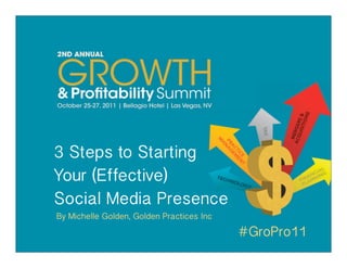 3 Steps to Starting
Your (Effective)
Social Media Presence
By Michelle Golden, Golden Practices Inc
                                           #GroPro11
 