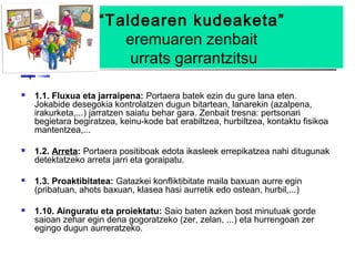 “Taldearen kudeaketa”
                       eremuaren zenbait
                        urrats garrantzitsu

   1.1. Fluxua eta jarraipena: Portaera batek ezin du gure lana eten.
    Jokabide desegokia kontrolatzen dugun bitartean, lanarekin (azalpena,
    irakurketa,...) jarratzen saiatu behar gara. Zenbait tresna: pertsonari
    begietara begiratzea, keinu-kode bat erabiltzea, hurbiltzea, kontaktu fisikoa
    mantentzea,...

   1.2. Arreta: Portaera positiboak edota ikasleek errepikatzea nahi ditugunak
    detektatzeko arreta jarri eta goraipatu.

   1.3. Proaktibitatea: Gatazkei konfliktibitate maila baxuan aurre egin
    (pribatuan, ahots baxuan, klasea hasi aurretik edo ostean, hurbil,...)

   1.10. Ainguratu eta proiektatu: Saio baten azken bost minutuak gorde
    saioan zehar egin dena gogoratzeko (zer, zelan, ...) eta hurrengoan zer
    egingo dugun aurreratzeko.
 