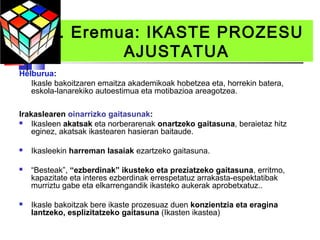 4. Eremua: IKASTE PROZESU
                AJUSTATUA
Helburua:
   Ikasle bakoitzaren emaitza akademikoak hobetzea eta, horrekin batera,
   eskola-lanarekiko autoestimua eta motibazioa areagotzea.

Irakaslearen oinarrizko gaitasunak:
   Ikasleen akatsak eta norberarenak onartzeko gaitasuna, beraietaz hitz
    eginez, akatsak ikastearen hasieran baitaude.

   Ikasleekin harreman lasaiak ezartzeko gaitasuna.

   “Besteak”, “ezberdinak” ikusteko eta preziatzeko gaitasuna, erritmo,
    kapazitate eta interes ezberdinak errespetatuz arrakasta-espektatibak
    murriztu gabe eta elkarrengandik ikasteko aukerak aprobetxatuz..

   Ikasle bakoitzak bere ikaste prozesuaz duen konzientzia eta eragina
    lantzeko, esplizitatzeko gaitasuna (Ikasten ikastea)
 