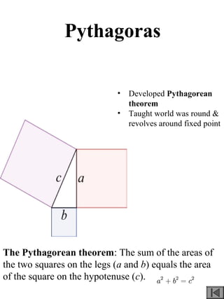 Pythagoras
• Developed Pythagorean
theorem
• Taught world was round &
revolves around fixed point
The Pythagorean theorem: The sum of the areas of
the two squares on the legs (a and b) equals the area
of the square on the hypotenuse (c).
 