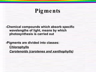 Pigments -Chemical compounds which absorb specific wavelengths of light, means by which photosynthesis is carried out -Pigments are divided into classes:  Chlorophylls   Carotenoids (carotenes and xanthophylls) 
