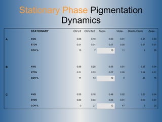 Stationary Phase  Pigmentation Dynamics 20 0 47 12 27 0 COV %   0.01 0.00 0.01 0.06 0.04 0.00 STDV   0.04 0.23 0.02 0.48 0.16 0.05 AVG C     16 23 0 12 13 17 COV %   0.01 0.06 0.00 0.07 0.03 0.01 STDV   0.04 0.25 0.01 0.55 0.20 0.06 AVG B     29 5 11 13 7 15 COV %   0.01 0.01 0.00 0.07 0.01 0.01 STDV   0.03 0.21 0.01 0.50 0.18 0.05 AVG A Zeax- Diado-/Diato Viola- Fuco- Chl c1c2 Chl c3 STATIONARY   