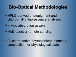 Bio-Optical Methodologies HPLC-derived photopigment and chlorophyll  a  fluorescence analyses In vivo absorption assays Multi-spectral remote sensing All characterize phytoplankton biomass, composition, or physiological state 