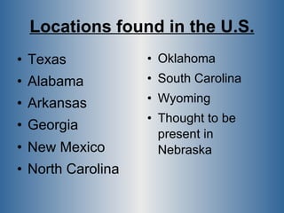 Locations found in the U.S. <ul><li>Texas </li></ul><ul><li>Alabama </li></ul><ul><li>Arkansas </li></ul><ul><li>Georgia <...