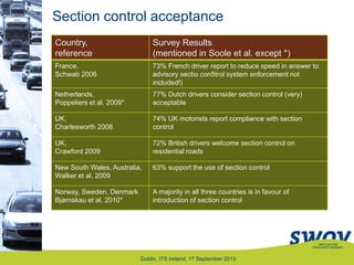 Dublin, ITS Ireland, 17 September 2013
Section control acceptance
Country,
reference
Survey Results
(mentioned in Soole et al. except *)
France,
Schwab 2006
73% French driver report to reduce speed in answer to
advisory sectio con5trol system enforcement not
included!)
Netherlands,
Poppeliers et al. 2009*
77% Dutch drivers consider section control (very)
acceptable
UK,
Charlesworth 2008
74% UK motorists report compliance with section
control
UK,
Crawford 2009
72% British drivers welcome section control on
residential roads
New South Wales, Australia,
Walker et al. 2009
63% support the use of section control
Norway, Sweden, Denmark
Bjørnskau et al. 2010*
A majority in all three countries is in favour of
introduction of section control
 