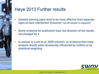 Høye 2013 Further results
Dublin, ITS Ireland, 17 September 2013
• General warning signs tend to be more effective than separate
signs at each intersection (however: not all results in support!)
• Some evidence for publication bias, but direction of the results
not changed by it
• In answer to Lund et al. 2009 criticism: no evidence that meta-
analysis results were excessively influenced by outliers or by
statistical weighting
 