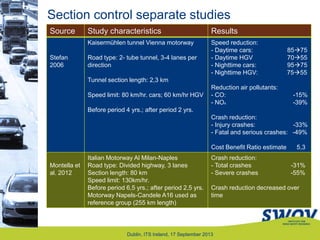 Dublin, ITS Ireland, 17 September 2013
Section control separate studies
Source Study characteristics Results
Stefan
2006
Kaisermühlen tunnel Vienna motorway
Road type: 2- tube tunnel, 3-4 lanes per
direction
Tunnel section length: 2,3 km
Speed limit: 80 km/hr. cars; 60 km/hr HGV
Before period 4 yrs.; after period 2 yrs.
Speed reduction:
- Daytime cars: 8575
- Daytime HGV 7055
- Nighttime cars: 9575
- Nighttime HGV: 7555
Reduction air pollutants:
- CO: -15%
- NOx -39%
Crash reduction:
- Injury crashes: -33%
- Fatal and serious crashes: -49%
Cost Benefit Ratio estimate 5,3
Montella et
al. 2012
Italian Motorway Al Milan-Naples
Road type: Divided highway, 3 lanes
Section length: 80 km
Speed limit: 130km/hr.
Before period 6,5 yrs.; after period 2,5 yrs.
Motorway Napels-Candele A16 used as
reference group (255 km length)
Crash reduction:
- Total crashes -31%
- Severe crashes -55%
Crash reduction decreased over
time
 