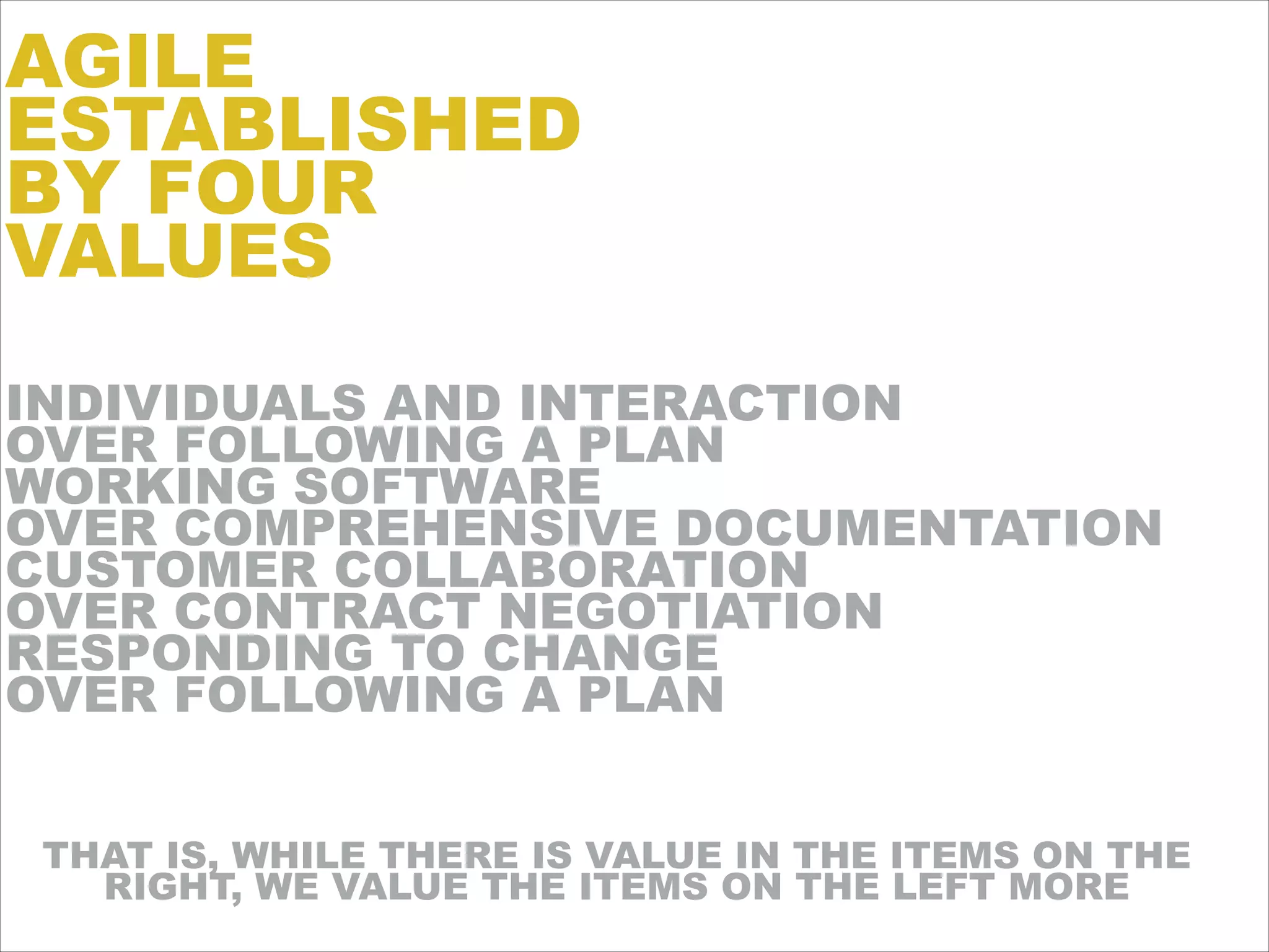 INDIVIDUALS AND INTERACTION
OVER FOLLOWING A PLAN
WORKING SOFTWARE
OVER COMPREHENSIVE DOCUMENTATION
CUSTOMER COLLABORATION
OVER CONTRACT NEGOTIATION
RESPONDING TO CHANGE
OVER FOLLOWING A PLAN
AGILE
ESTABLISHED
BY FOUR
VALUES
THAT IS, WHILE THERE IS VALUE IN THE ITEMS ON THE
RIGHT, WE VALUE THE ITEMS ON THE LEFT MORE
 