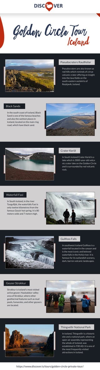 GoldenCircleTour
Iceland
https://www.discover.is/tours/golden-circle-private-tour/
PseudocratersRauðhólar
Pseudocratersarealsoknownas
redhillswhichremindsofatrue
volcaniccraterofferinganinsight
intothelavafieldsonthe
south-easternoutskirtsof
Reykjavík,Iceland.
CraterKerið
InSouthIcelandCraterKeridisa
lakewhichis3000-year-oldvolca-
niccraterlakeontheGoldenCircle
andissurroundedbyredvolcanic
rock.
GullfossFalls
InsouthwestIcelandGullfossisa
waterfalllocatedinthecanyonand
isthemosticonicandbeloved
waterfallsintheHvítáriver.Itis
famousforitsoutlandishscenery,
dark,barrenvolcaniclandscapes.
ThingvellirNationalPark
InIceland,Thingvellirisahistoric
siteandanationalpark,wherean
open-airassemblyrepresenting
thewholeofIceland,was
establishedin930AD.Itisoneof
themostfrequentlyvisited
attractionsinIceland.
BlackSands
InthesouthcoastofIceland,Black
Sandisoneofthefamousbeaches
andalsothewettestplacesin
Iceland,locatedonthemainring
road,whichhaveblacksand.
WaterfallFaxi
InSouthIceland,intheriver
Tungufljót,thewaterfallsFaxiis
onlytwelvekilometresfromthe
famousGeysirhotspring.Itis80
meterswideand7metershigh.
GeyserStrokkur
StrokkurisIceland'smostvisited
activegeyser.Haukadalurvalley
areaofStrokkur,whereother
geothermalfeaturessuchasmud
pools,fumaroles,andothergeysers
arelocated.
 