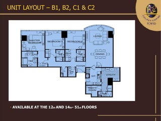 UNIT LAYOUT – B1, B2, C1 & C2




   AVAILABLE AT THE 12th AND 14th- 51st FLOORS
 