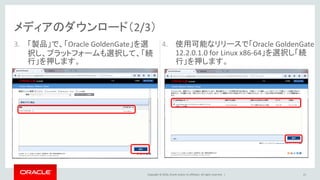 Copyright © 2016, Oracle and/or its affiliates. All rights reserved. |
4. 使用可能なリリースで「Oracle GoldenGate
12.2.0.1.0 for Linux x86-64」を選択し「続
行」を押します。
メディアのダウンロード（2/3）
3. 「製品」で、「Oracle GoldenGate」を選
択し、プラットフォームも選択して、「続
行」を押します。
21
 