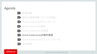 Copyright © 2016, Oracle and/or its affiliates. All rights reserved. |
Agenda
前提知識
事前の環境準備（メディアの用意）
Oracle GoldenGateのインストール
Oracle Databaseの構成
Oracle GoldenGateの配置
Oracle GoldenGateの動作確認
Oracle GoldenGateのアンインストール
参考情報
43
1
2
3
4
5
6
7
8
 