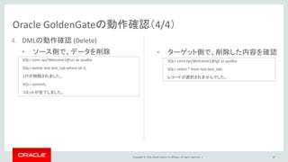 Copyright © 2016, Oracle and/or its affiliates. All rights reserved. |
Oracle GoldenGateの動作確認（4/4）
47
4. DMLの動作確認 (Delete)
• ソース側で、データを削除 • ターゲット側で、削除した内容を確認
SQL> conn sys/Welcome1@src as sysdba
SQL> delete test.test_tab where id=1;
1行が削除されました。
SQL> commit;
コミットが完了しました。
SQL> conn sys/Welcome1@tgt as sysdba
SQL> select * from test.test_tab;
レコードが選択されませんでした。
 