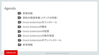 Copyright © 2016, Oracle and/or its affiliates. All rights reserved. |
Agenda
前提知識
事前の環境準備（メディアの用意）
Oracle GoldenGateのインストール
Oracle Databaseの構成
Oracle GoldenGateの配置
Oracle GoldenGateの動作確認
Oracle GoldenGateのアンインストール
参考情報
5
1
2
3
4
5
6
7
8
 