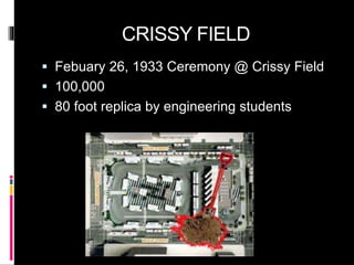 CRISSY FIELD
 Febuary 26, 1933 Ceremony @ Crissy Field
 100,000
 80 foot replica by engineering students
 