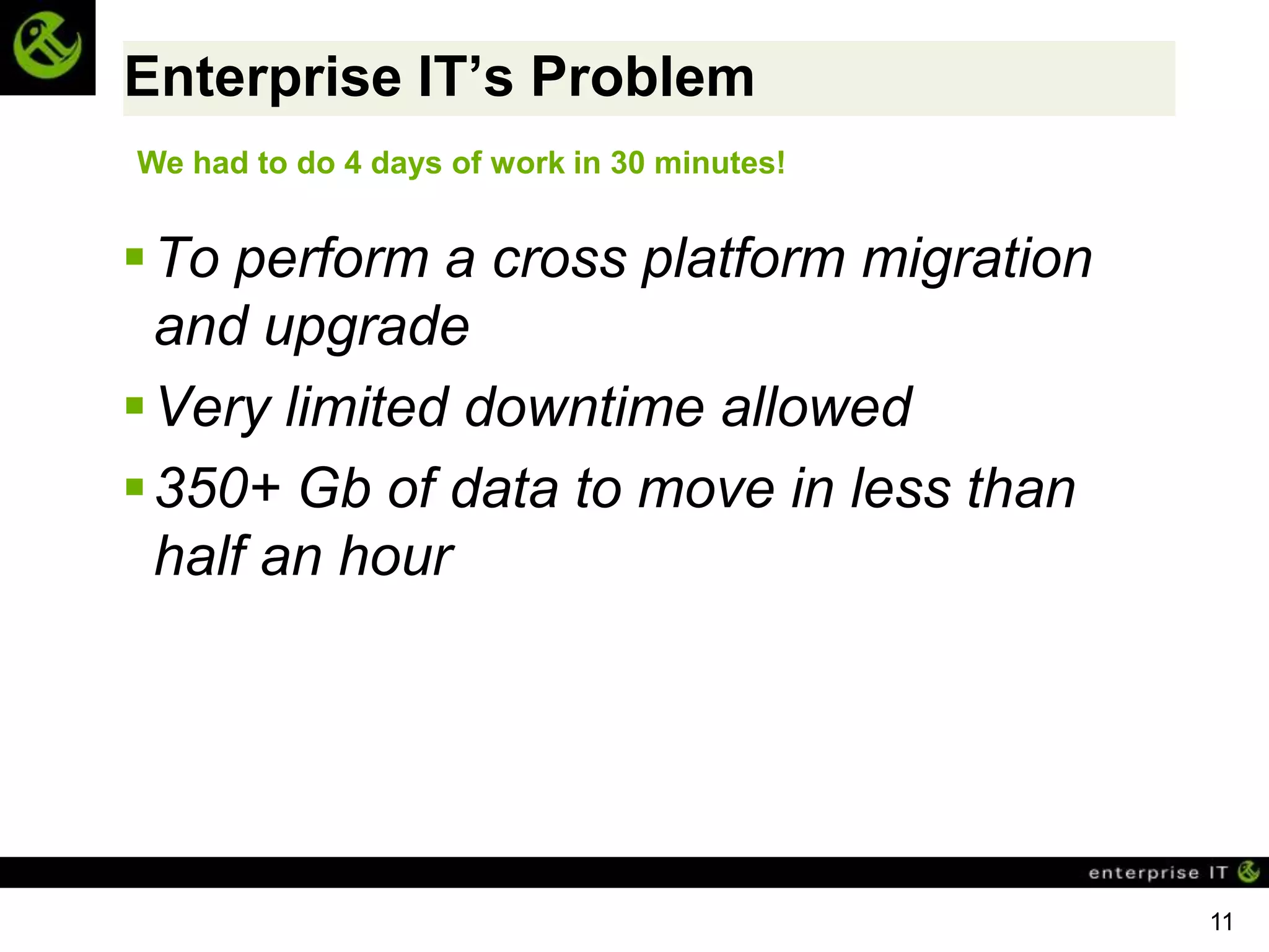 Enterprise IT’s Problem
We had to do 4 days of work in 30 minutes!


 To perform a cross platform migration
  and upgrade
 Very limited downtime allowed
 350+ Gb of data to move in less than
  half an hour




                                             11
 