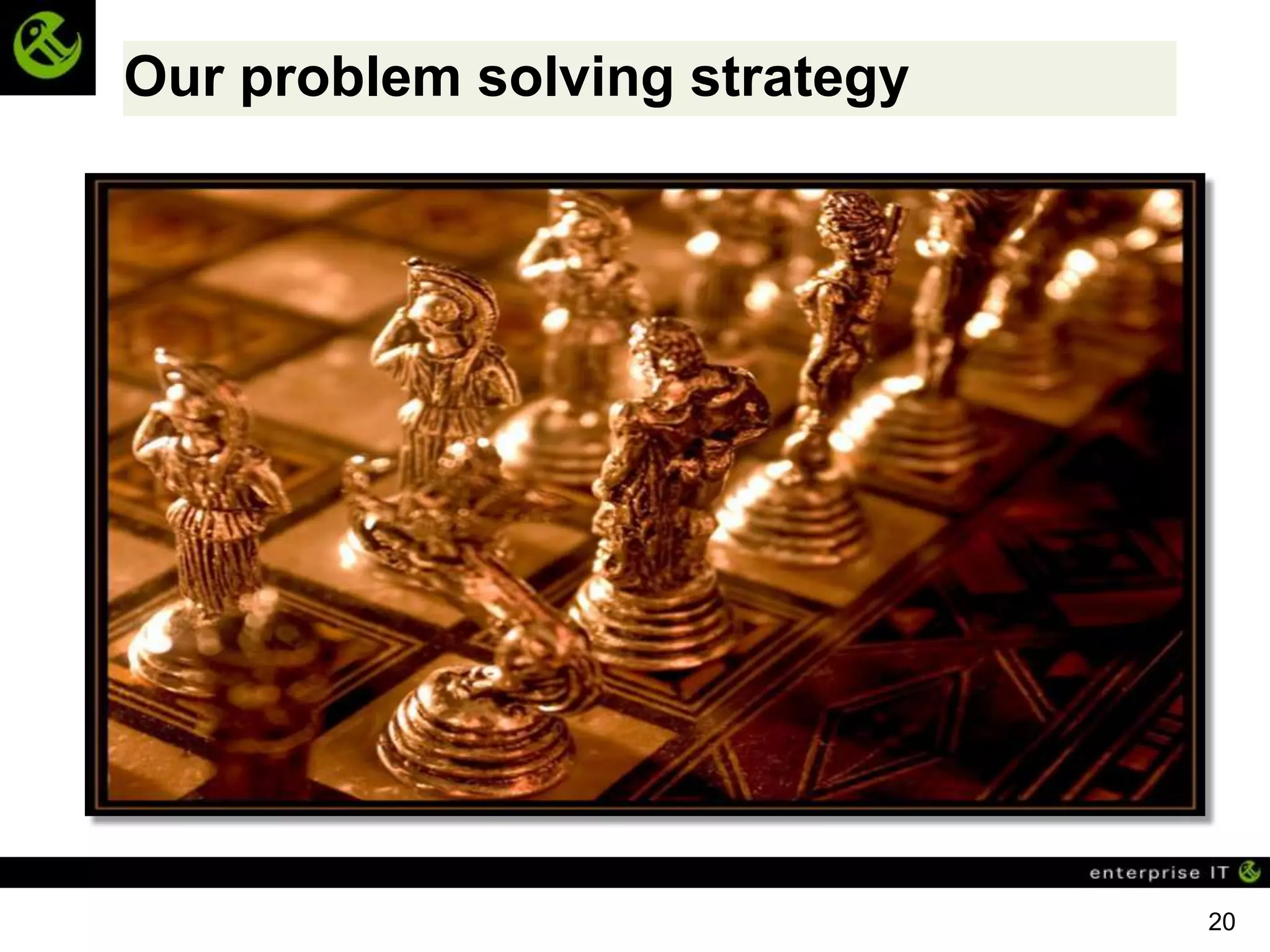 Our problem solving strategy

 Needed a solution for more than this application
 Documented generic procedure that could be handed
  over to implementation teams for other applications
 K.I.S.S.




                                                        20
 