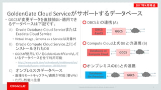Copyright © 2016 Oracle and/or its affiliates. All rights reserved. |
GoldenGate Cloud Serviceがサポートするデータベース
• GGCSが変更データを直接抽出・適用でき
るデータベースは下記です。
A) Oracle Database Cloud Serviceまたは
Exadata Cloud Service
• Virtual Image、Schema as a Serviceは対象外
B) Oracle Compute Cloud Service上にイ
ンストールされたDB
• GGCSが使用しているGoldenGateがCertifyして
いるデータベースを全て利用可能
– http://www.oracle.com/technetwork/middleware/ias/
downloads/fusion-certification-100350.html
C) オンプレミスのデータベース
• 直接リモートキャプチャ/適用が可能（要VPN）
• ただし性能に注意
12
GGCSDBCS
ExaCS
○ DBCSとの連携 (A)
○ Compute Cloud上のDBとの連携 (B)
GGCS
Databases on
Compute Cloud
○オンプレミスのDBとの連携
GGCS
Databases
On-Premises
2017年4月時点
 