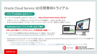Copyright © 2016 Oracle and/or its affiliates. All rights reserved. |
Oracle Cloud Service 30日間無料トライアル
15
トライアルのお申し込みサイト
Database Cloudトライアル申し込みご案内
トライアルのお申し込みサイト
 トライアルのお申し込みサイトはコチラ
- 上記サイトより、ご利用したいクラウドサービスを選択し、お申し込み頂けます。
- Oracle PaaS/IaaS の各サービスは「プラットフォームとインフラ」項目をご参照ください。
https://cloud.oracle.com/ja_JP/tryit
GoldenGate Cloud トライアル申し込みご案内
お申し込みは数ステップでカンタン！30日間お試し放題！！
- GoldenGate Cloud Serviceのトライアルを申し込むと、Database Cloud ServiceやJava Cloud Serviceなどもトライアル可能です！
- 上記FAQサイトにてチュートリアルも提供しております：
- Oracle Database Cloud Serviceを使ってみよう
- Oracle Database Cloud Service 体験チュートリアル - トライアル環境を使用したAPEXアプリケーション作成
 トライアルの詳細なお申込み方法はFAQにてご案内しております。
https://faq.oracle.co.jp/app/answers/detail/a_id/2855 へアクセス
 