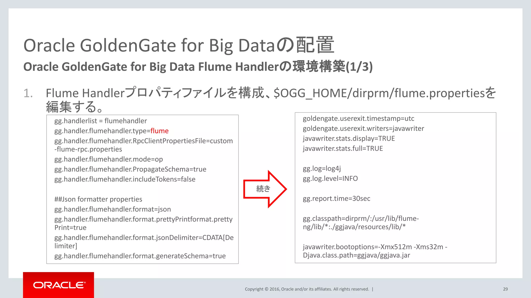 Copyright © 2016, Oracle and/or its affiliates. All rights reserved. |
Oracle GoldenGate for Big Dataの配置
1. Flume Handlerプロパティファイルを構成、$OGG_HOME/dirprm/flume.propertiesを
編集する。
29
Oracle GoldenGate for Big Data Flume Handlerの環境構築(1/3)
gg.handlerlist = flumehandler
gg.handler.flumehandler.type=flume
gg.handler.flumehandler.RpcClientPropertiesFile=custom
-flume-rpc.properties
gg.handler.flumehandler.mode=op
gg.handler.flumehandler.PropagateSchema=true
gg.handler.flumehandler.includeTokens=false
##Json formatter properties
gg.handler.flumehandler.format=json
gg.handler.flumehandler.format.prettyPrintformat.pretty
Print=true
gg.handler.flumehandler.format.jsonDelimiter=CDATA[De
limiter]
gg.handler.flumehandler.format.generateSchema=true
goldengate.userexit.timestamp=utc
goldengate.userexit.writers=javawriter
javawriter.stats.display=TRUE
javawriter.stats.full=TRUE
gg.log=log4j
gg.log.level=INFO
gg.report.time=30sec
gg.classpath=dirprm/:/usr/lib/flume-
ng/lib/*:./ggjava/resources/lib/*
javawriter.bootoptions=-Xmx512m -Xms32m -
Djava.class.path=ggjava/ggjava.jar
続き
 
