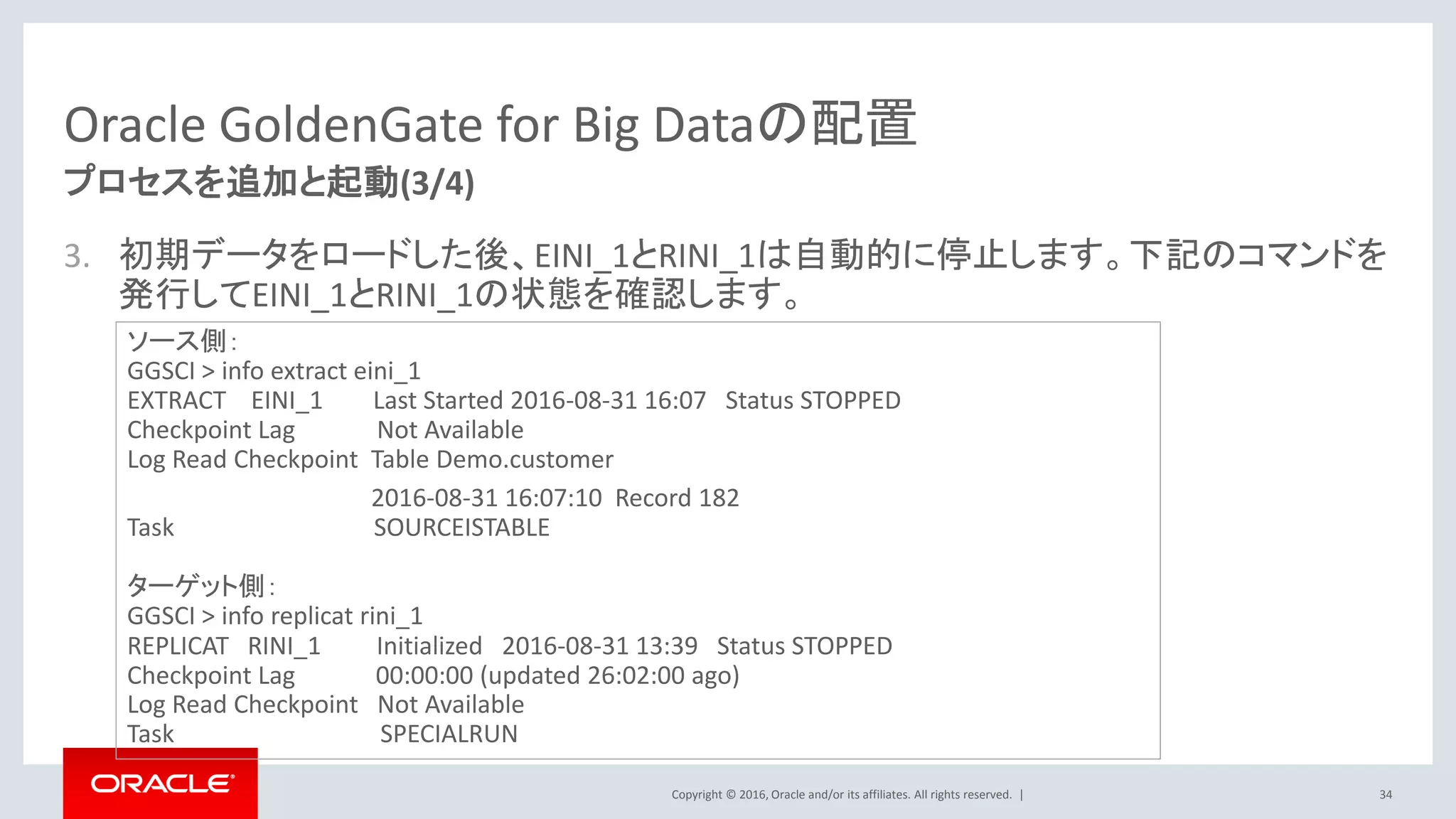 Copyright © 2016, Oracle and/or its affiliates. All rights reserved. |
Oracle GoldenGate for Big Dataの配置
3. 初期データをロードした後、EINI_1とRINI_1は自動的に停止します。下記のコマンドを
発行してEINI_1とRINI_1の状態を確認します。
34
プロセスを追加と起動(3/4)
ソース側：
GGSCI > info extract eini_1
EXTRACT EINI_1 Last Started 2016-08-31 16:07 Status STOPPED
Checkpoint Lag Not Available
Log Read Checkpoint Table Demo.customer
2016-08-31 16:07:10 Record 182
Task SOURCEISTABLE
ターゲット側：
GGSCI > info replicat rini_1
REPLICAT RINI_1 Initialized 2016-08-31 13:39 Status STOPPED
Checkpoint Lag 00:00:00 (updated 26:02:00 ago)
Log Read Checkpoint Not Available
Task SPECIALRUN
 