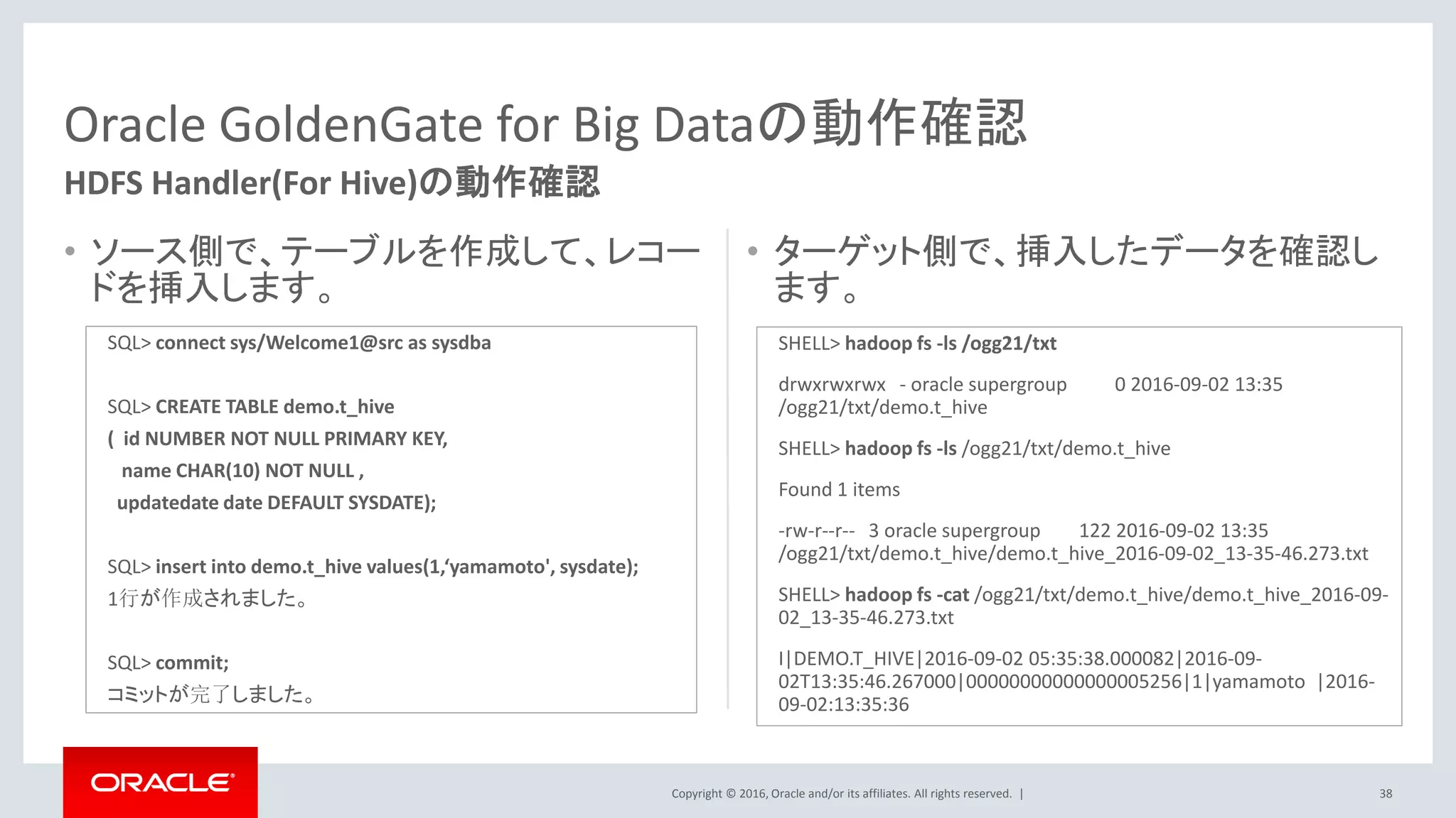 Copyright © 2016, Oracle and/or its affiliates. All rights reserved. |
• ソース側で、テーブルを作成して、レコー
ドを挿入します。
• ターゲット側で、挿入したデータを確認し
ます。
38
Oracle GoldenGate for Big Dataの動作確認
HDFS Handler(For Hive)の動作確認
SQL> connect sys/Welcome1@src as sysdba
SQL> CREATE TABLE demo.t_hive
( id NUMBER NOT NULL PRIMARY KEY,
name CHAR(10) NOT NULL ,
updatedate date DEFAULT SYSDATE);
SQL> insert into demo.t_hive values(1,‘yamamoto', sysdate);
1行が作成されました。
SQL> commit;
コミットが完了しました。
SHELL> hadoop fs -ls /ogg21/txt
drwxrwxrwx - oracle supergroup 0 2016-09-02 13:35
/ogg21/txt/demo.t_hive
SHELL> hadoop fs -ls /ogg21/txt/demo.t_hive
Found 1 items
-rw-r--r-- 3 oracle supergroup 122 2016-09-02 13:35
/ogg21/txt/demo.t_hive/demo.t_hive_2016-09-02_13-35-46.273.txt
SHELL> hadoop fs -cat /ogg21/txt/demo.t_hive/demo.t_hive_2016-09-
02_13-35-46.273.txt
I|DEMO.T_HIVE|2016-09-02 05:35:38.000082|2016-09-
02T13:35:46.267000|00000000000000005256|1|yamamoto |2016-
09-02:13:35:36
 