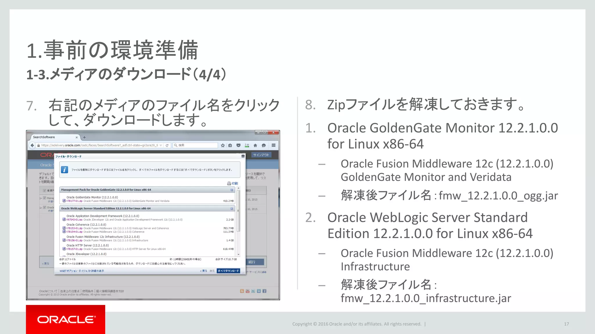 Copyright © 2016 Oracle and/or its affiliates. All rights reserved. |
Agenda
事前の環境準備
Oracle GoldenGate Monitorのインストール
Oracle GoldenGate Monitor Serverのセットアップ
Oracle GoldenGate Monitor Agentのセットアップ
Oracle GoldenGate Monitorのアンインストール
17
1
2
3
4
5
 