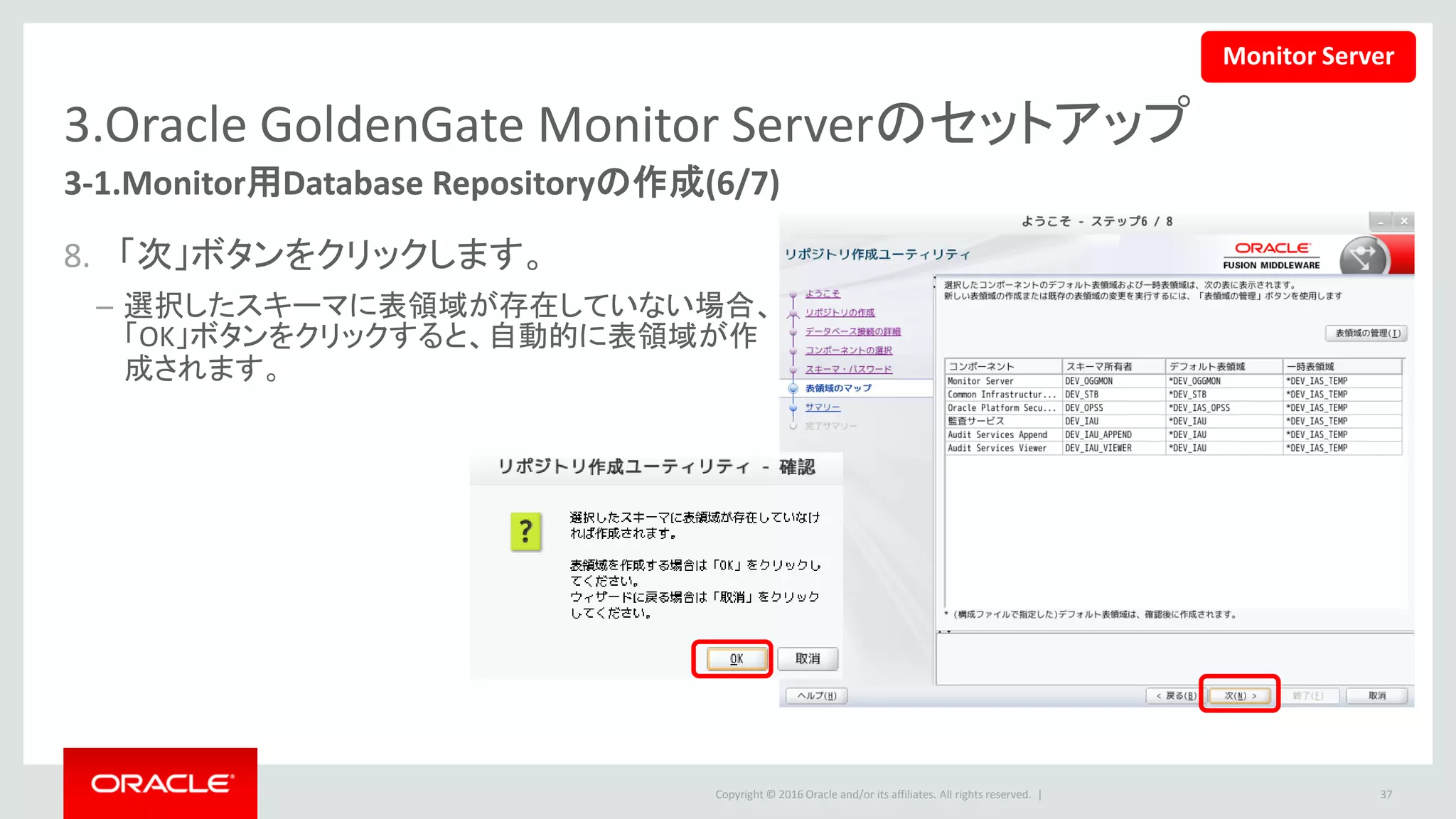 Copyright © 2016 Oracle and/or its affiliates. All rights reserved. |
3.Oracle GoldenGate Monitor Serverのセットアップ
9. リポジトリの情報を確認の上、「作成」
を押します。
37
3-1.Monitor用Database Repositoryの作成(7/7)
10. 「閉じる」をクリックして、リポジトリの作
成を完了します。
Monitor Server
 