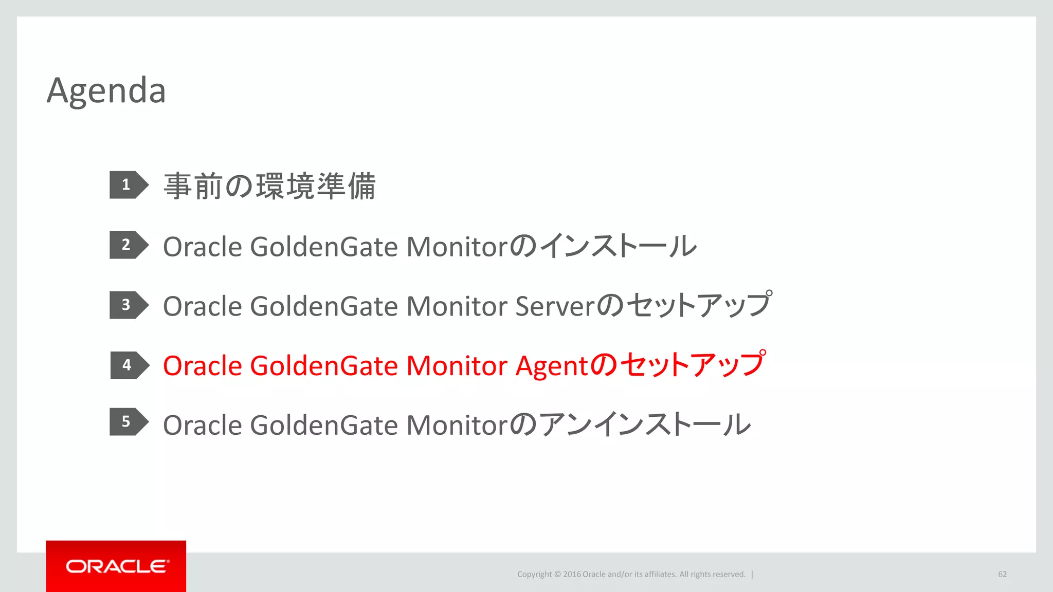 Copyright © 2016 Oracle and/or its affiliates. All rights reserved. |
4.Oracle GoldenGate Monitor Agentのセットアップ
1. 下記のコマンドを実行して、Weblogic
Admin Serverを起動します。
2. ようこそ画面で、「次」ボタンをクリックし
ます。
62
4-1.Monitor Agentのインストール(1/5)
$ cd [monitor agent software location]
$ java -jar fmw_12.2.1.0.0_ogg.jar
Monitor Agent
 