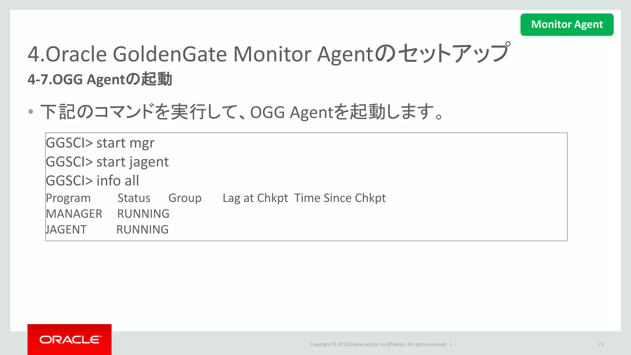 Copyright © 2016 Oracle and/or its affiliates. All rights reserved. |
4.Oracle GoldenGate Monitor Agentのセットアップ
4-8.コンソールでの確認
• Monitor Serverコンソールで、インス
トールの結果を確認します。
– http://<hostname>:7003/monitor/faces/
loginPage.jspx
• 同じ方法で別のAgentをインストール
します。
73
Monitor Agent
 