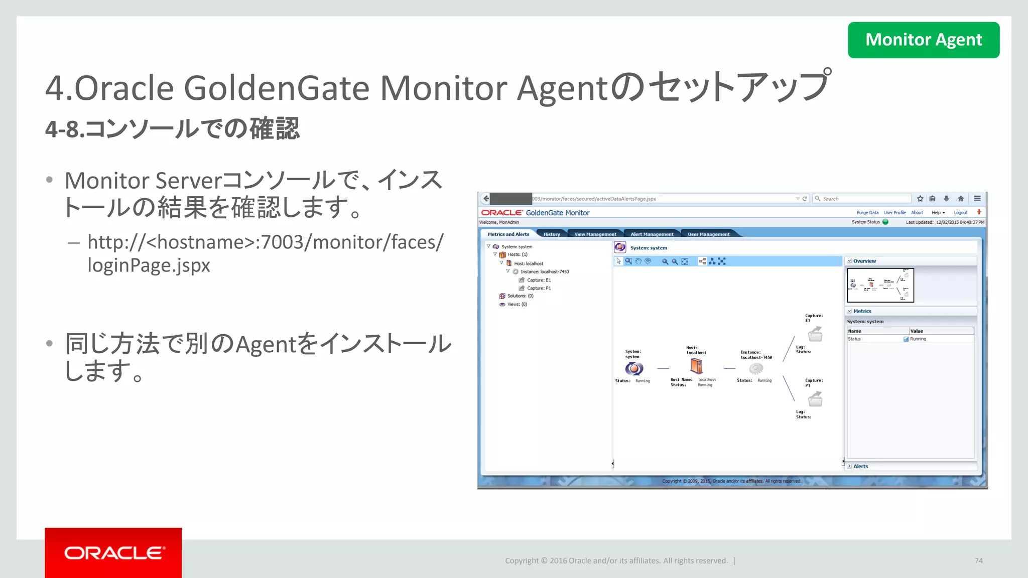Copyright © 2016 Oracle and/or its affiliates. All rights reserved. |
Agenda
事前の環境準備
Oracle GoldenGate Monitorのインストール
Oracle GoldenGate Monitor Serverのセットアップ
Oracle GoldenGate Monitor Agentのセットアップ
Oracle GoldenGate Monitorのアンインストール
74
1
2
3
4
5
 