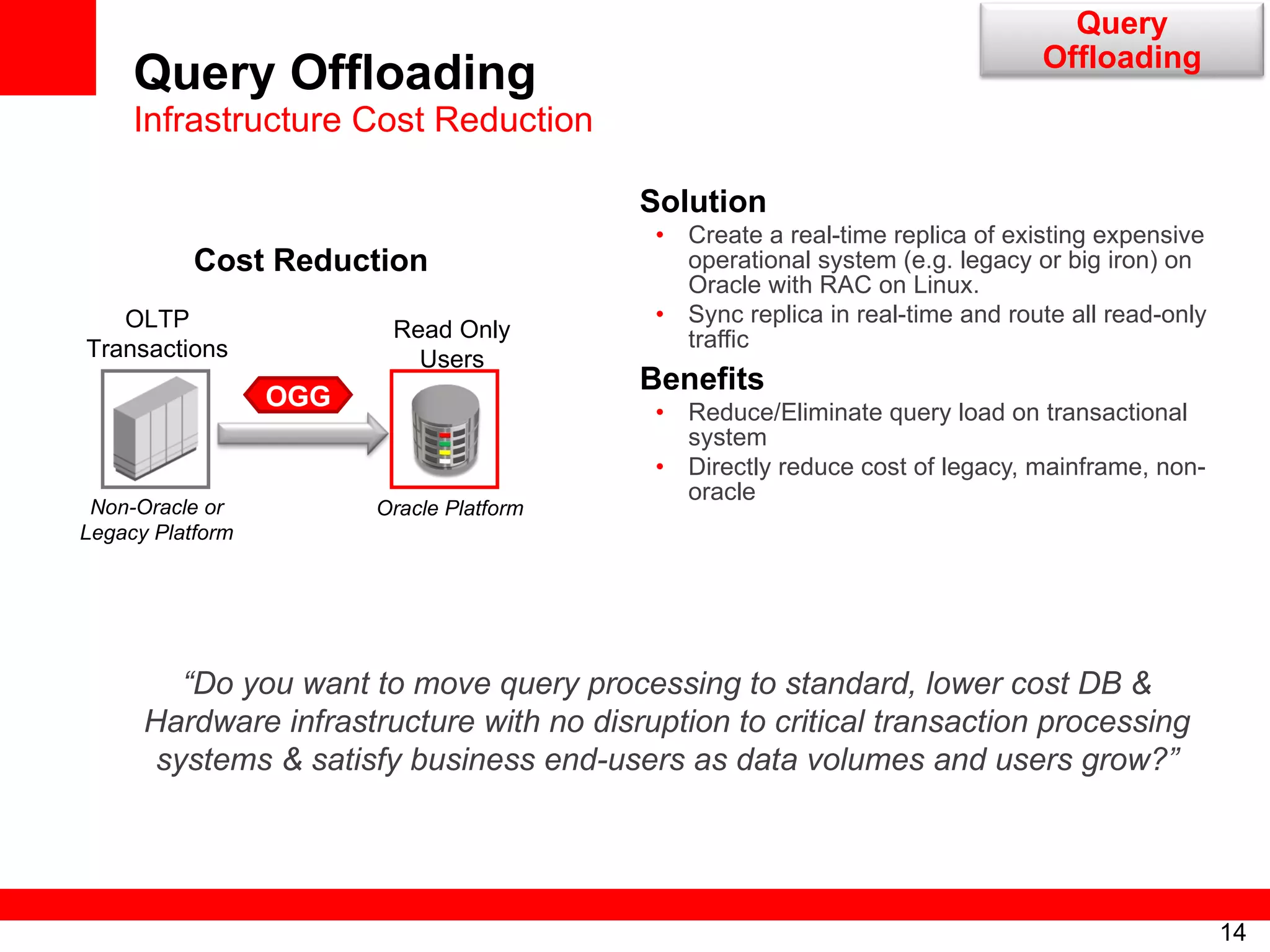Query Offloading Infrastructure Cost Reduction Solution Create a real-time replica of existing expensive operational system (e.g. legacy or big iron) on Oracle with RAC on Linux.  Sync replica in real-time and route all read-only traffic Benefits Reduce/Eliminate query load on transactional system Directly reduce cost of legacy, mainframe, non-oracle Non-Oracle or Legacy Platform Oracle Platform OLTP Transactions Read Only Users OGG Cost Reduction “ Do you want to move query processing to standard, lower cost DB & Hardware infrastructure with no disruption to critical transaction processing systems & satisfy business end-users as data volumes and users grow?” Query Offloading 