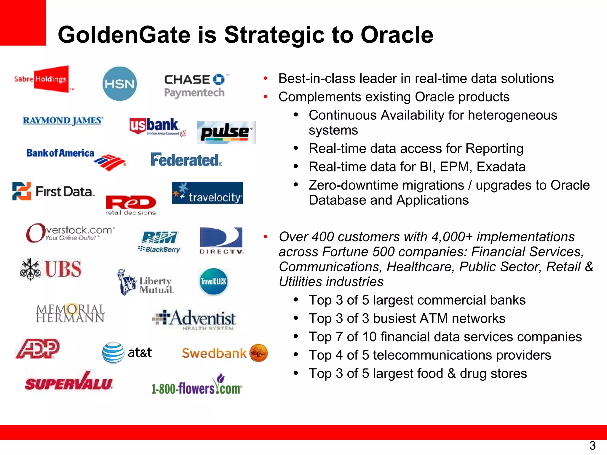 GoldenGate is Strategic to Oracle Best-in-class leader in real-time data solutions Complements existing Oracle products Continuous Availability for heterogeneous systems Real-time data access for Reporting Real-time data for BI, EPM, Exadata Zero-downtime migrations / upgrades to Oracle Database and Applications Over 400 customers with 4,000+ implementations  across Fortune 500 companies:  Financial Services, Communications, Healthcare, Public Sector, Retail & Utilities industries Top 3 of 5 largest commercial banks  Top 3 of 3 busiest ATM networks Top 7 of 10 financial data services companies Top 4 of 5 telecommunications providers Top 3 of 5 largest food & drug stores 