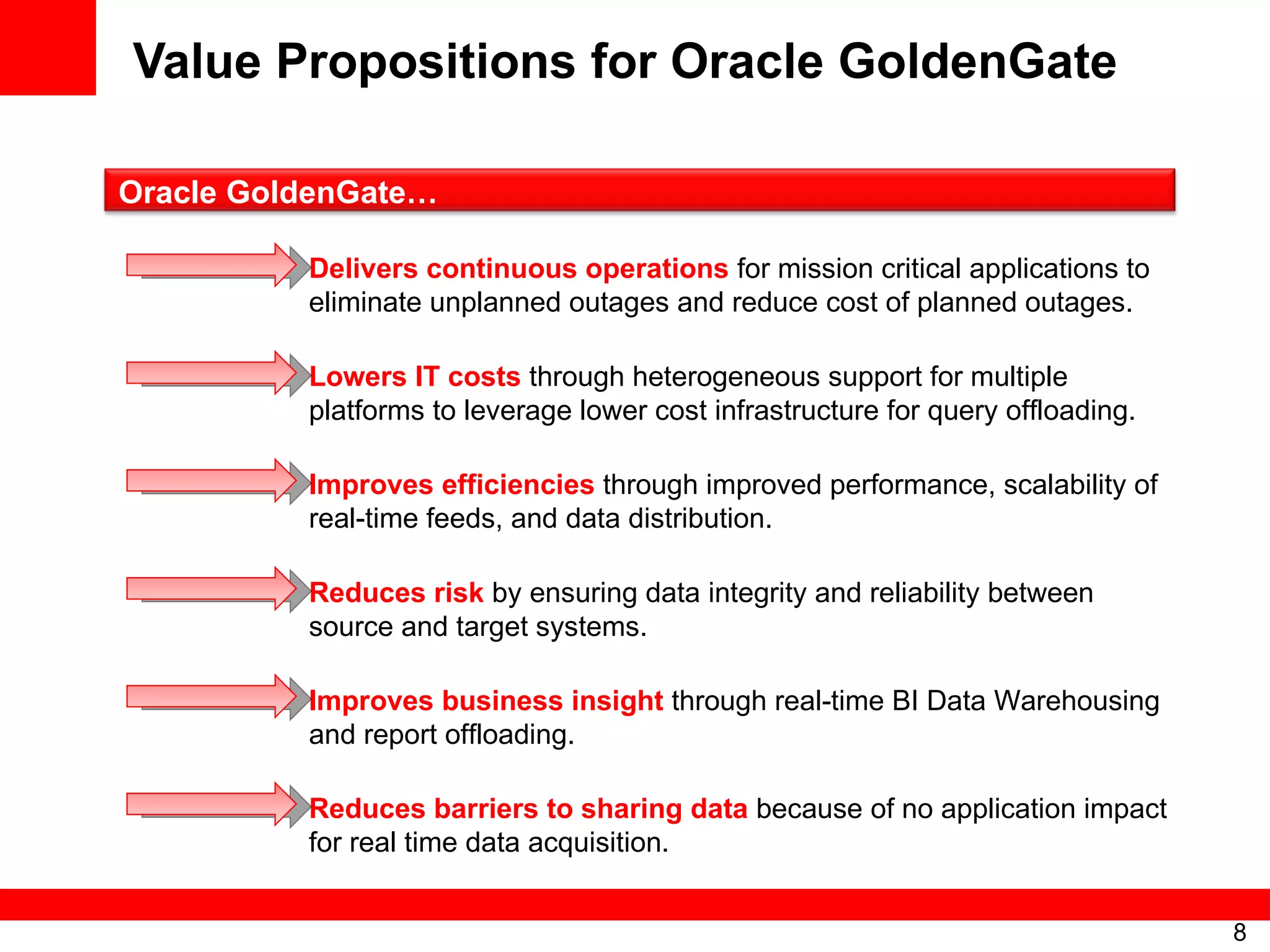 Value Propositions for Oracle GoldenGate Delivers continuous operations  for mission critical applications to eliminate unplanned outages and reduce cost of planned outages. Lowers IT costs  through heterogeneous support for multiple platforms to leverage lower cost infrastructure for query offloading. Reduces risk  by   ensuring data integrity and reliability between source and target systems. Improves business insight  through real-time BI Data Warehousing and report offloading. Improves efficiencies  through improved performance, scalability of real-time feeds, and data distribution. Reduces barriers to sharing data  because of no application impact for real time data acquisition. Oracle GoldenGate… 