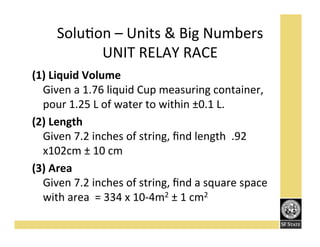SoluFon'–'Units'&'Big'Numbers'
UNIT'RELAY'RACE'
(1)!Liquid!Volume'
Given'a'1.76'liquid'Cup'measuring'container,'
pour'1.25'L'of'water'to'within'±0.1'L.''
(2)!Length'
Given!7.2'inches'of'string,'ﬁnd'length''.92'
x102cm'±'10'cm''
(3)!Area'
Given'7.2'inches'of'string,'ﬁnd'a'square'space'
with'area''='334'x'10K4m2'±'1'cm2'

 