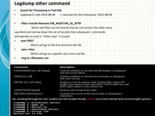 Logdump other command
• Search for Timestamp in Trail File
• Logdump 6 >sfts 2013-08-04 <–searches for the timestamp ‘2013...