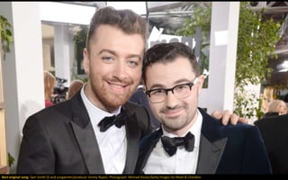 Best original song- Sam Smith (l) and songwriter/producer Jimmy Napes. Photograph: Michael Kovac/Getty Images for Moet & Chandon
 